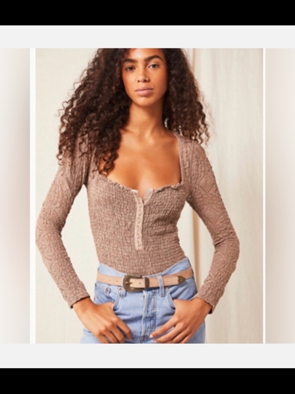 Smocked Long-Sleeve Scoop Neck Top in Taupe